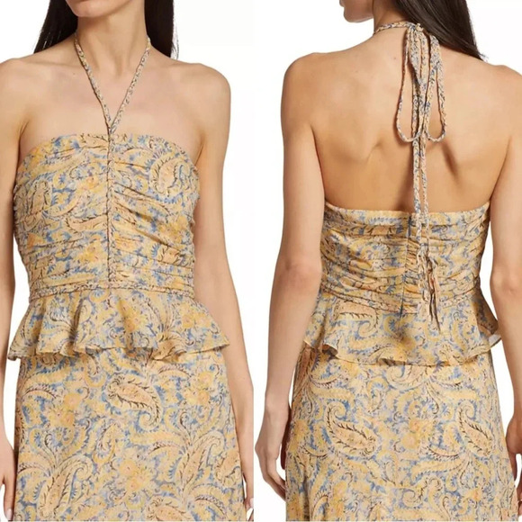 NWT Veronica Beard Silk Arienne Gathered Halterneck Top Yellow and Blue Size 14 - Picture 1 of 13